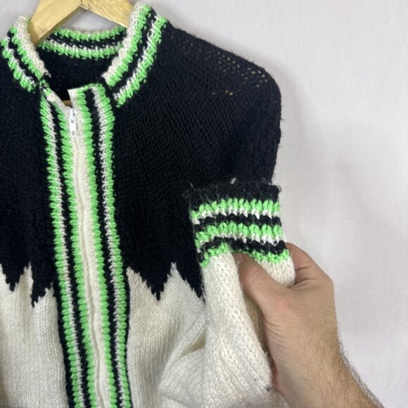 Vintage Hand Knit Zip Sweater Women’s L Black White Neon Green - Picture 2 of 4